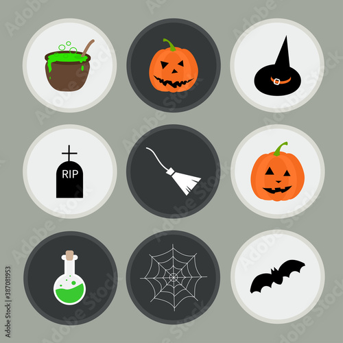 Set of Halloween stickers with traditional characters. Use for greeting cards, invitations, posters, party flyers. Stock vector illustration