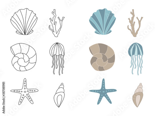 Set of underwater vector icons - seashell, jellyfish, starfish, coral. Hand drawn doodle marine characters. Stock vector illustration