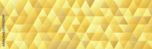 Shiny gold gradient color triangle shapes seamless pattern background, glitter golden mosaic geometric texture, stock vector illustration design element, backdrop for social media header, banner, link