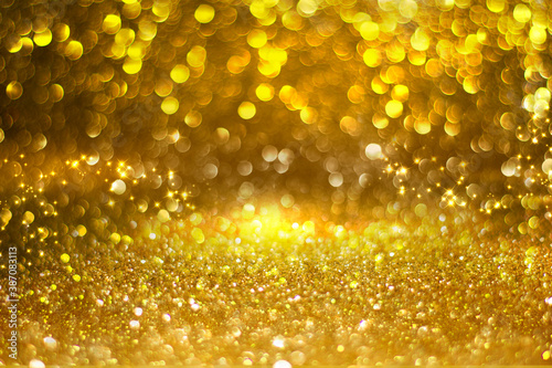 white bokeh blur background / Circle light on yellow background / Light gold sparkle background