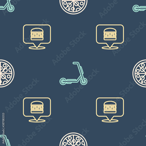 Set line Pizza, Online ordering burger delivery and Scooter on seamless pattern. Vector.