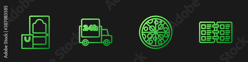 Set line Pizza, Online ordering and delivery, Fast by car and Restaurant cafe menu. Gradient color icons. Vector.