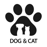 illustration of silhouettes of a cat and a dog on the background of a paw with an inscription