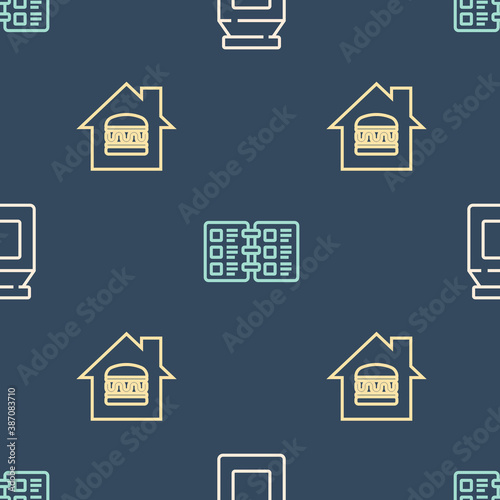 Set line Online ordering and delivery, and Restaurant cafe menu on seamless pattern. Vector.