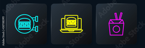 Set line Online ordering burger delivery, Asian noodles and chopsticks and . Black square button. Vector.