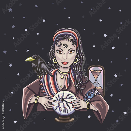 The oracle girl predicts the future on a magic ball. Zodiac signs vector illustration