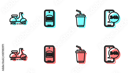 Set line Paper glass with water, Scooter delivery, Online ordering and and Food icon. Vector.