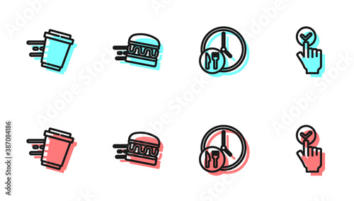 Set line Round the clock delivery, Coffee cup to go, Online ordering burger and and icon. Vector.