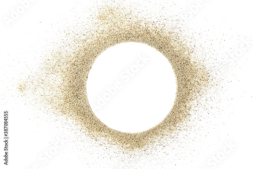 Blank round frame and border sand pile circle isolated on white background, top view