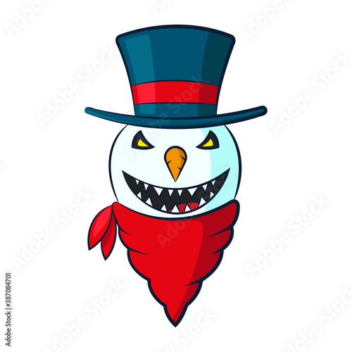 Angry snowman with hat and bandana icon. Cartoon character. Front view. Colored contour silhouette. Vector flat graphic hand drawn illustration. The isolated object on a white background. Isolate.