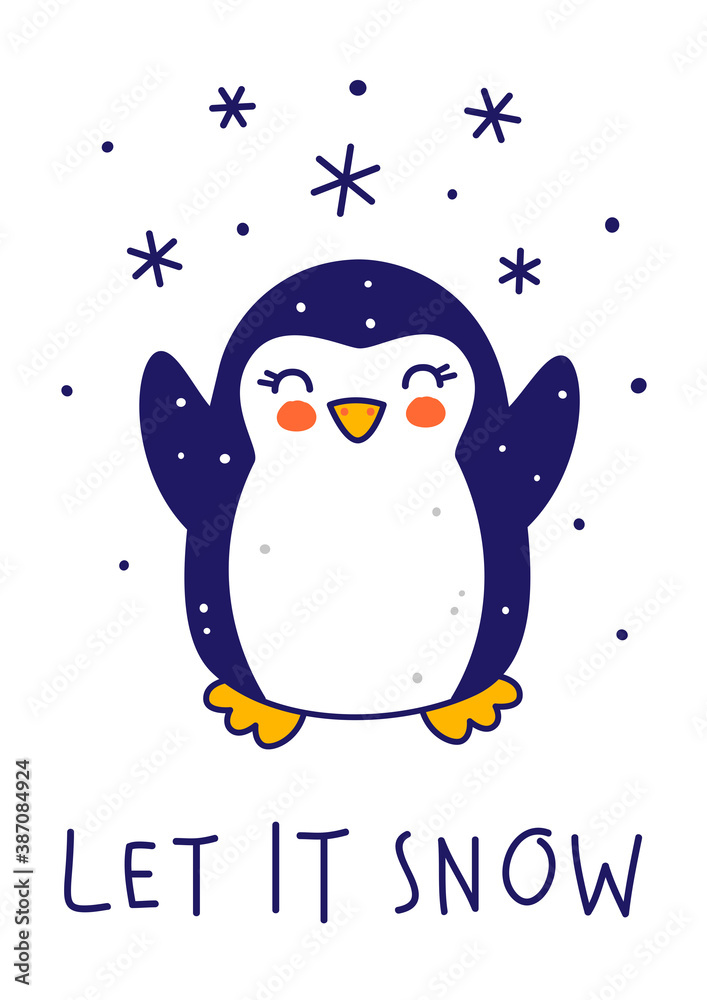 Cute little penguin with snow isolated on white background - cartoon character for funny Christmas and New Year winter greeting card and poster design