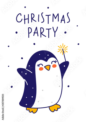 Cute little penguin with sparkler isolated on white background - cartoon character for funny Christmas and New Year winter greeting card and poster design