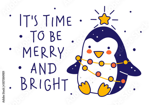 Cute little penguin wearing like Christmas tree isolated on white background - cartoon character for funny winter holidays greeting card and poster design