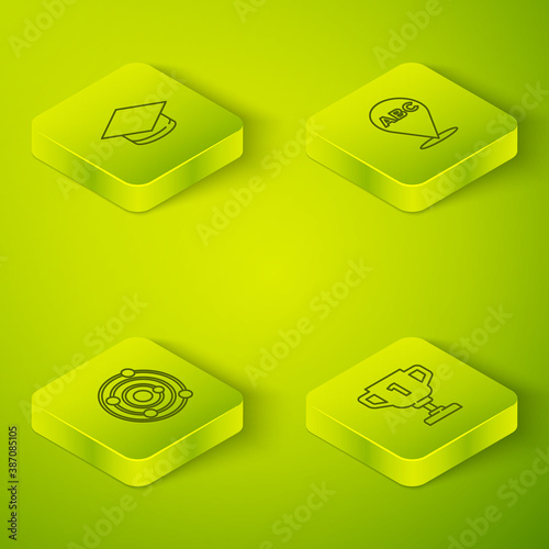 Set Isometric Alphabet, Solar system, Award cup and Graduation cap icon. Vector.