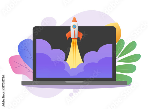 Rocket launch business boost online on computer screen vector colorful flat design, high speed development of project, digital fast quick growing pc internet start up, new product release