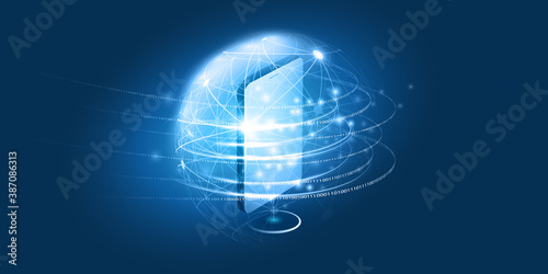 Abstract Blue Minimal Style Cloud Computing, Networks, Telecommunications Concept Design with Glowing Lines of Binary Code, Mobile Phone and Network Globe - Vector Illustration