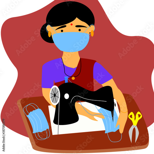 vector of Indian women stitching handmade cloth reusable  face mask at home, during the quarantine or pandemic of coronavirus, covid-19.