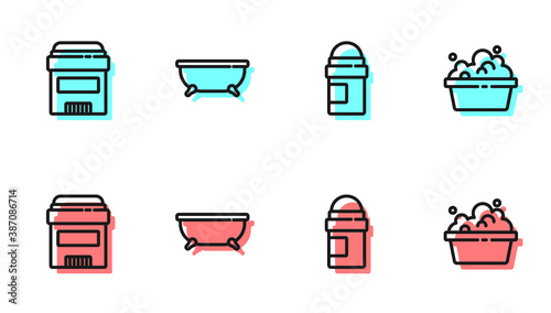 Set line Antiperspirant deodorant roll, , Bathtub and Basin with soap suds icon. Vector.