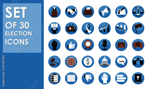 Set of 30 Election Icons for Candidates, Presidency, Administration, Voting, Parties, and Politics