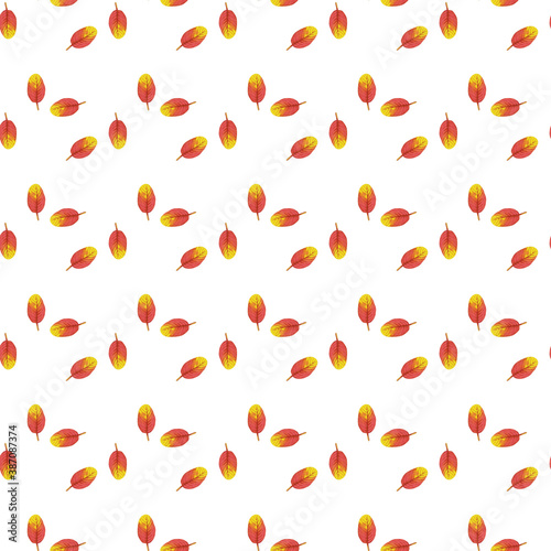 Fototapeta Naklejka Na Ścianę i Meble -  Autumn pattern with yellow-red rounded leaves. Seamless watercolor pattern with bright leaves on a white background