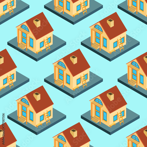 City isometric seamless pattern of the house, repetitive background
