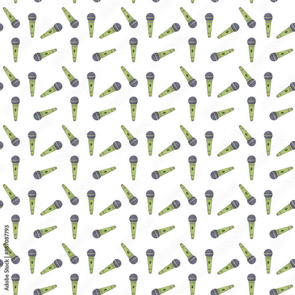 Watercolor pattern with green microphones. Seamless pattern on the theme of music and recording on a white background
