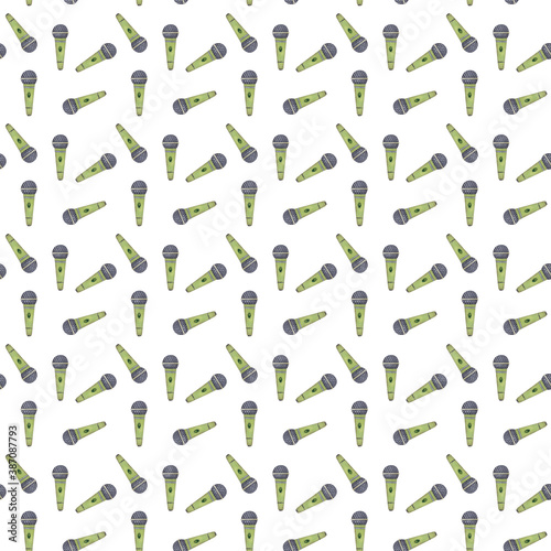 Watercolor pattern with green microphones. Seamless pattern on the theme of music and recording on a white background