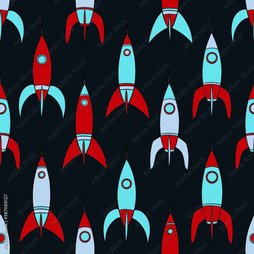 Rockets doodle seamless pattern. Hand drawn background. Vector illustration for surface design, print, poster, icon, web, graphic designs. Rockets doodle seamless pattern. Hand drawn background. Vector illustration for surface design, print, poster, icon, web, graphic designs.
