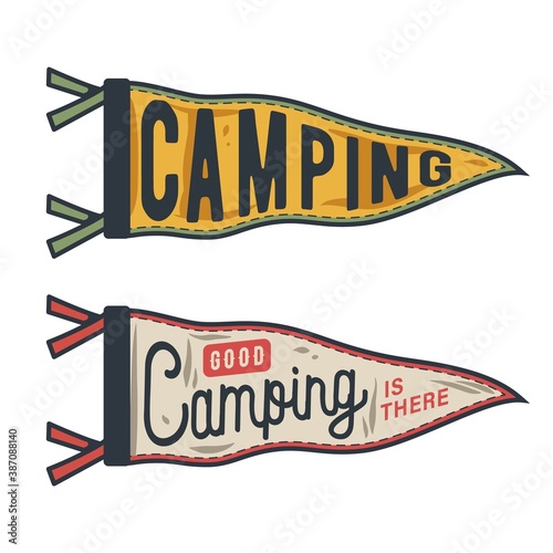 Set of a flag pointer for camping and travel. Colored vector Illustration for traveler and tourist. Outdoor adventure equipment. Sport activity