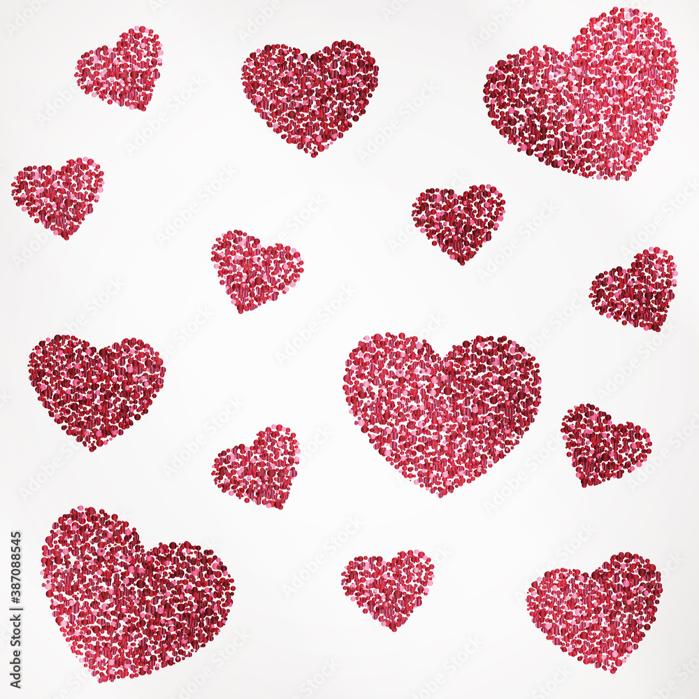 Poster with hearts of red confetti, sparkles, glitter on white background. Wallpaper for Happy Valentines Day. Vector illustration. Poster with hearts of red confetti, sparkles, glitter on white background. Wallpaper for Happy Valentines Day. Vector illustration.