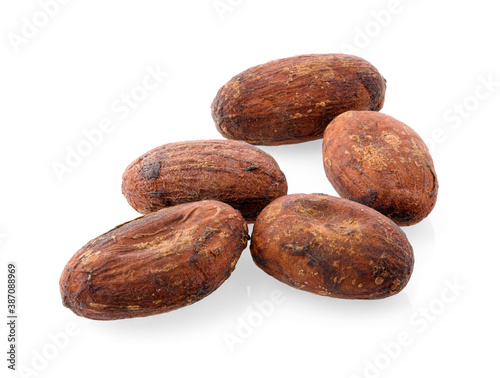 cacao beans, isolated on white background. Roasted and aromatic cocoa beans, natural chocolate.