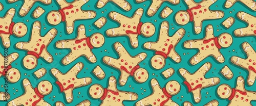 Colored seamless pattern wallpaper with christmas gingerbread man for the new year holiday. Winter illustration for december party design