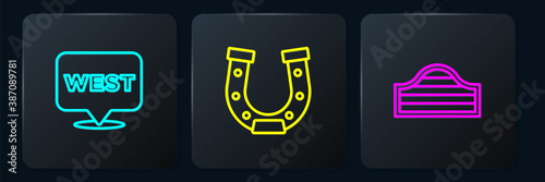Set line Pointer to wild west, Saloon door and Horseshoe. Black square button. Vector.
