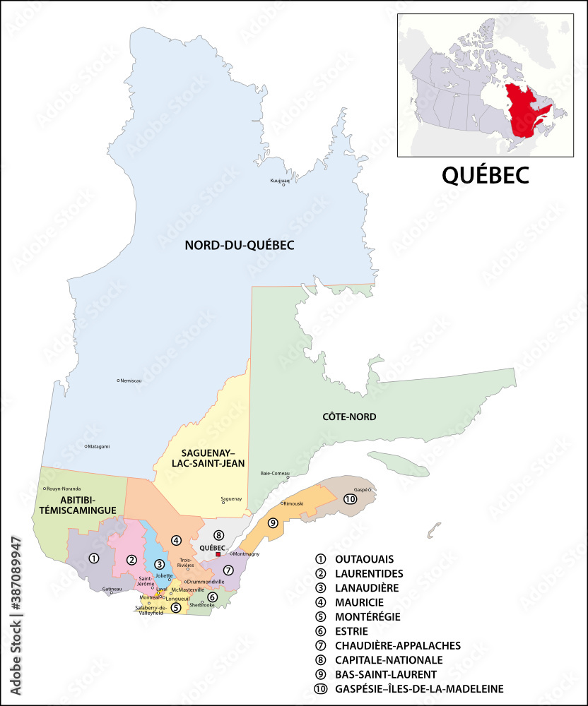 administrative vector map of the Canadian province of Quebec