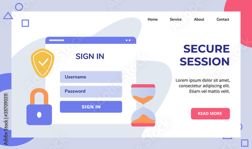 Secure session user name password sign in access computer campaign for web website home homepage landing page template banner white isolated background with flat style