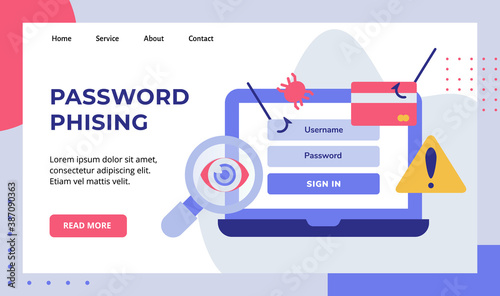 Password phising on display laptop screen campaign for web website home homepage landing page template banner white isolated background with flat style
