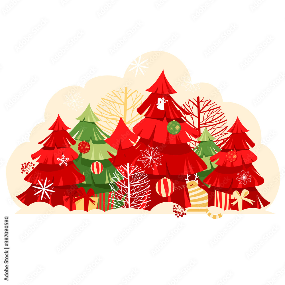 Christmas landscape. Christmas forest. vector image of trees. holiday decorations and gifts