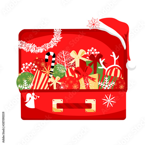 Christmas decorations in a suitcase. vector image of festive balloons and gifts for Christmas