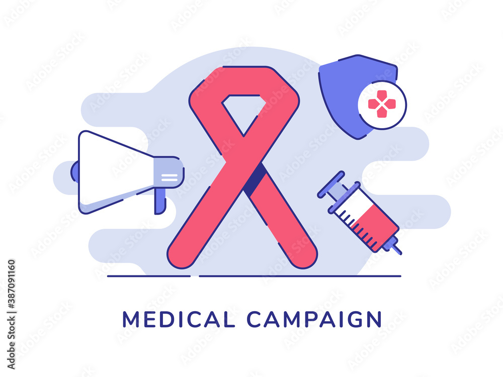 Medical campaign concept ribbon megaphone injection shield white isolated background with flat style Medical campaign concept ribbon megaphone injection shield white isolated background with flat style