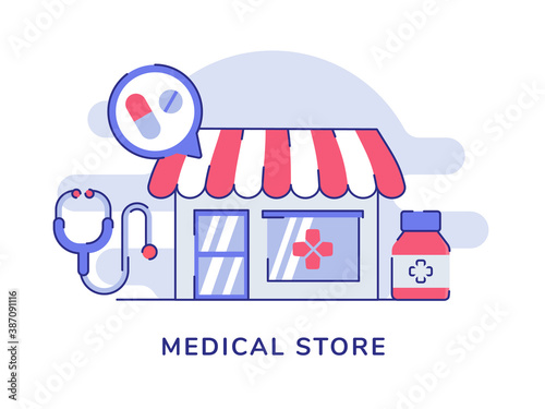 Medical store facade drug stethoscope white isolated background with flat style