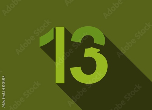 13 Number with long shadow, green colors cutting style. For logo, brand label, design elements, corporate identity, application & more. Vector editable illustration.