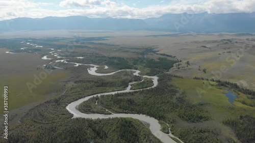 Aerial video of the Kurai steppe and Chuya river between the Kurai and the North Chuia Ranges in the south-eastern Altai, Siberia, Russia photo