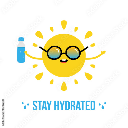 Cute cartoon vector sun character in sunglasses holding a bottle of water in hand. Stay hydrated illustration, card, concept.
