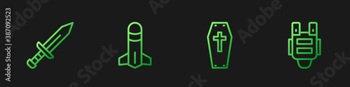 Set line Coffin with cross, Sword, Rocket and Bulletproof vest. Gradient color icons. Vector.