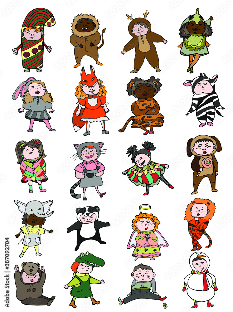The illustration shows children in carnival costumes.