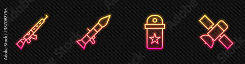 Set line Chevron, Sniper rifle with scope, Rocket launcher and Satellite. Glowing neon icon. Vector.
