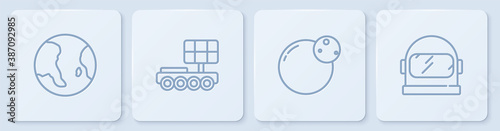 Set line Earth globe, Planet, Mars rover and Astronaut helmet. White square button. Vector.