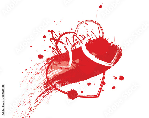 Grunge background with decorative hearts and artistic spots of paint. Valentine's Day card with copy space for your text.
