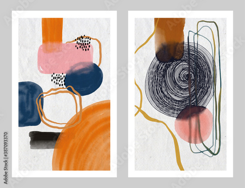 Set of Minimalist hand paint abstract art background with watercolor spot. Brush painting is a textural decoration with an artistic acrylic design of a poster, banner, or interior painting. 