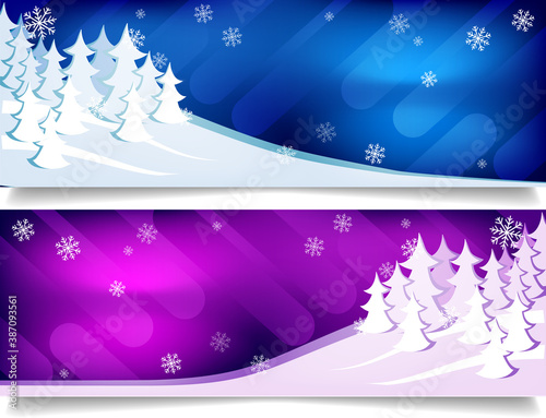 Winter Christmas background. Winter snow forest on the background of blue and purple sky with snowflakes. Free space for text. Vector horizontal promo illustration for web banners.